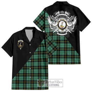 Wallace Hunting Ancient Tartan Short Sleeve Button Shirt with Family Crest and Military Logo Style