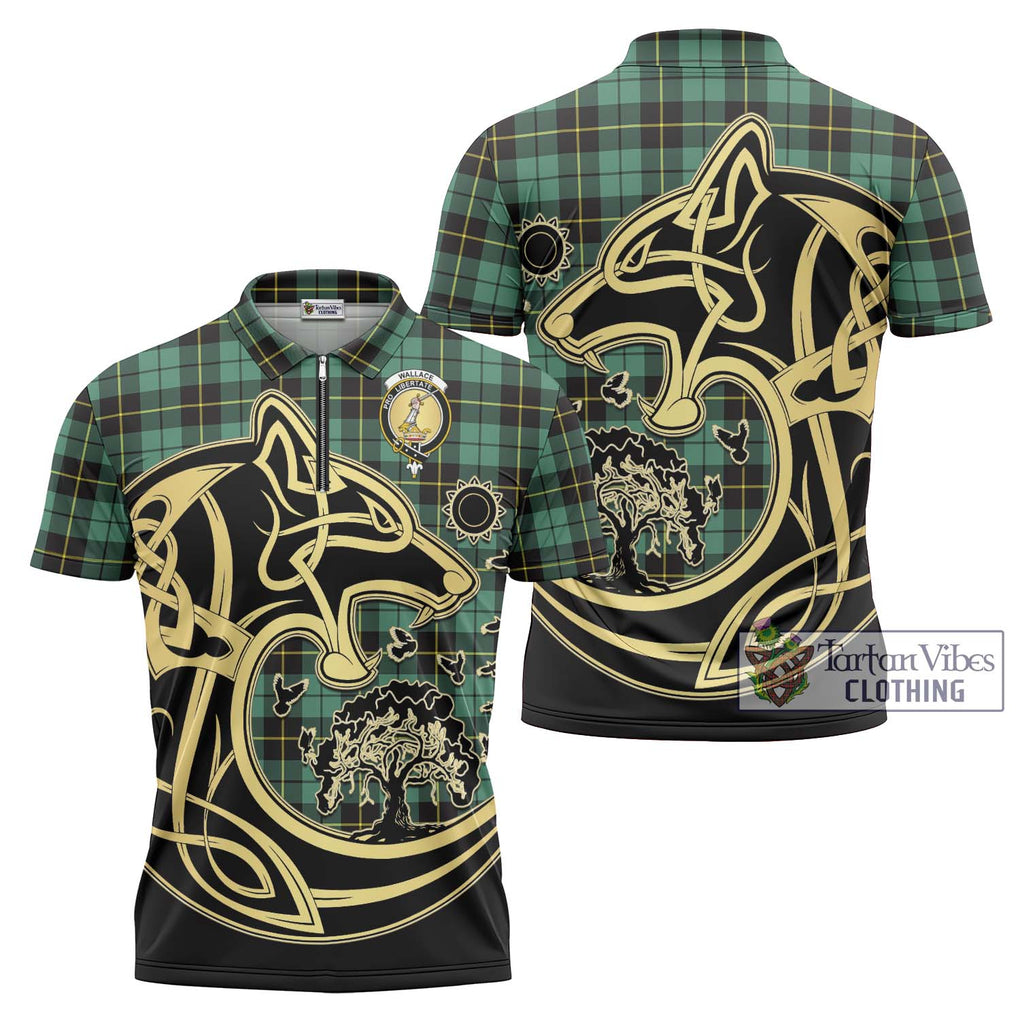 Wallace Hunting Ancient Tartan Zipper Polo Shirt with Family Crest Celtic Wolf Style Unisex - Tartanvibesclothing Shop