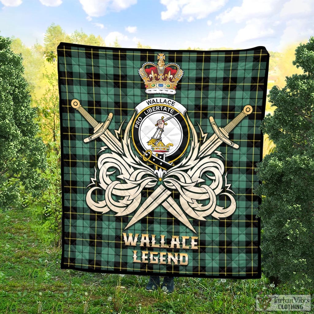 Tartan Vibes Clothing Wallace Hunting Ancient Tartan Quilt with Clan Crest and the Golden Sword of Courageous Legacy