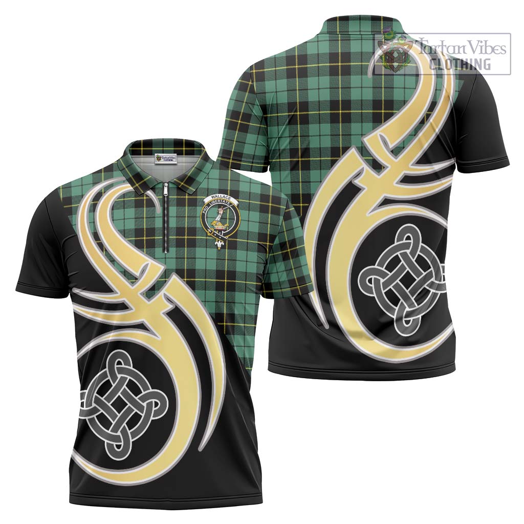 Tartan Vibes Clothing Wallace Hunting Ancient Tartan Zipper Polo Shirt with Family Crest and Celtic Symbol Style