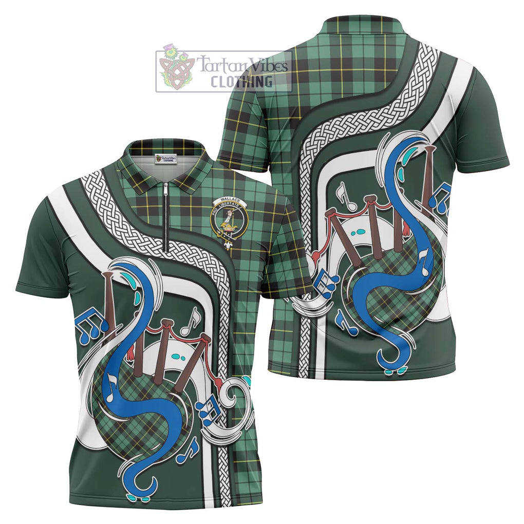 Wallace Hunting Ancient Tartan Zipper Polo Shirt with Epic Bagpipe Style Unisex - Tartanvibesclothing Shop