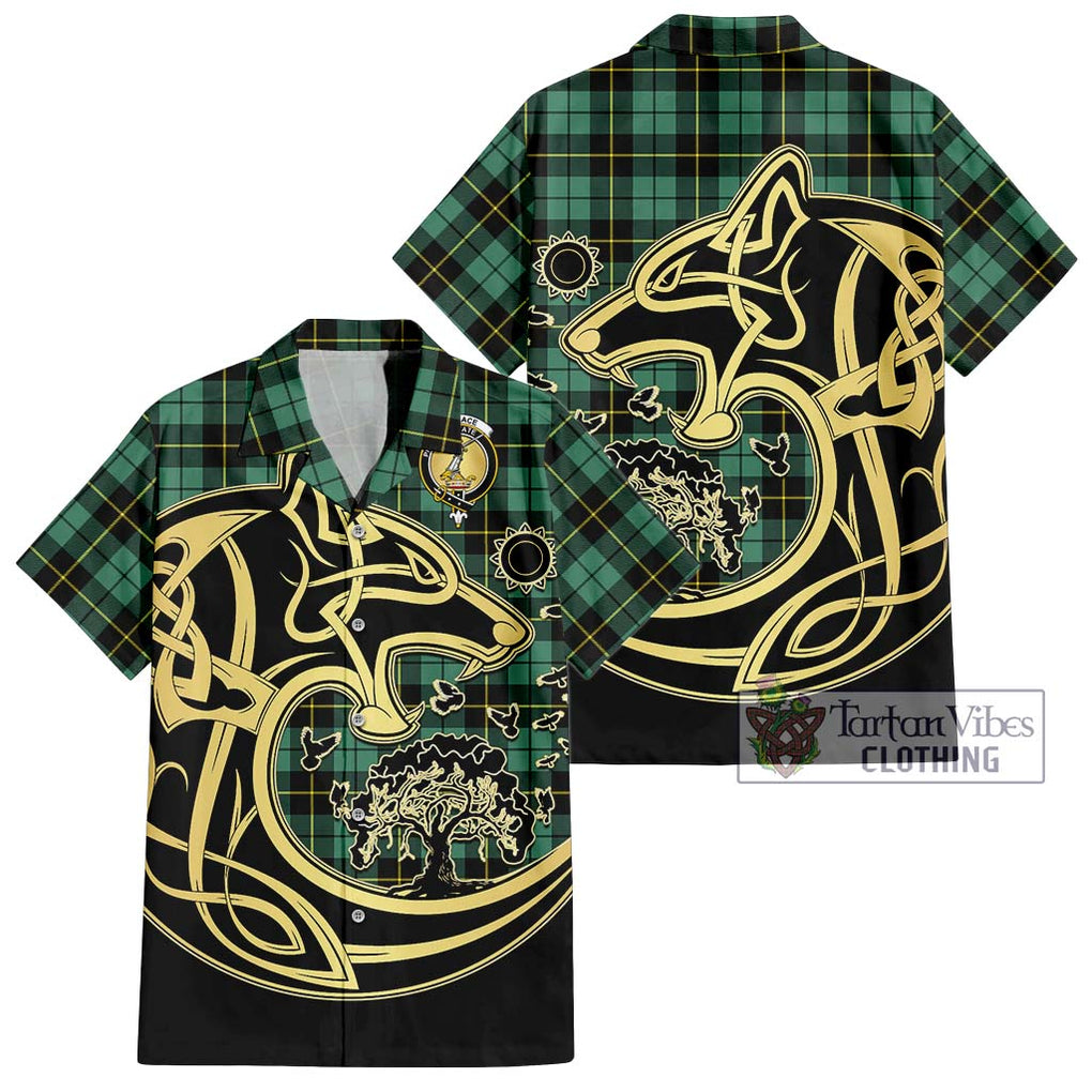 Wallace Hunting Ancient Tartan Short Sleeve Button Shirt with Family Crest Celtic Wolf Style Kid - Tartan Vibes Clothing