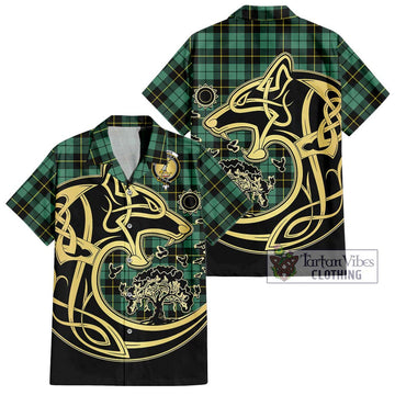 Wallace Hunting Ancient Tartan Short Sleeve Button Shirt with Family Crest Celtic Wolf Style