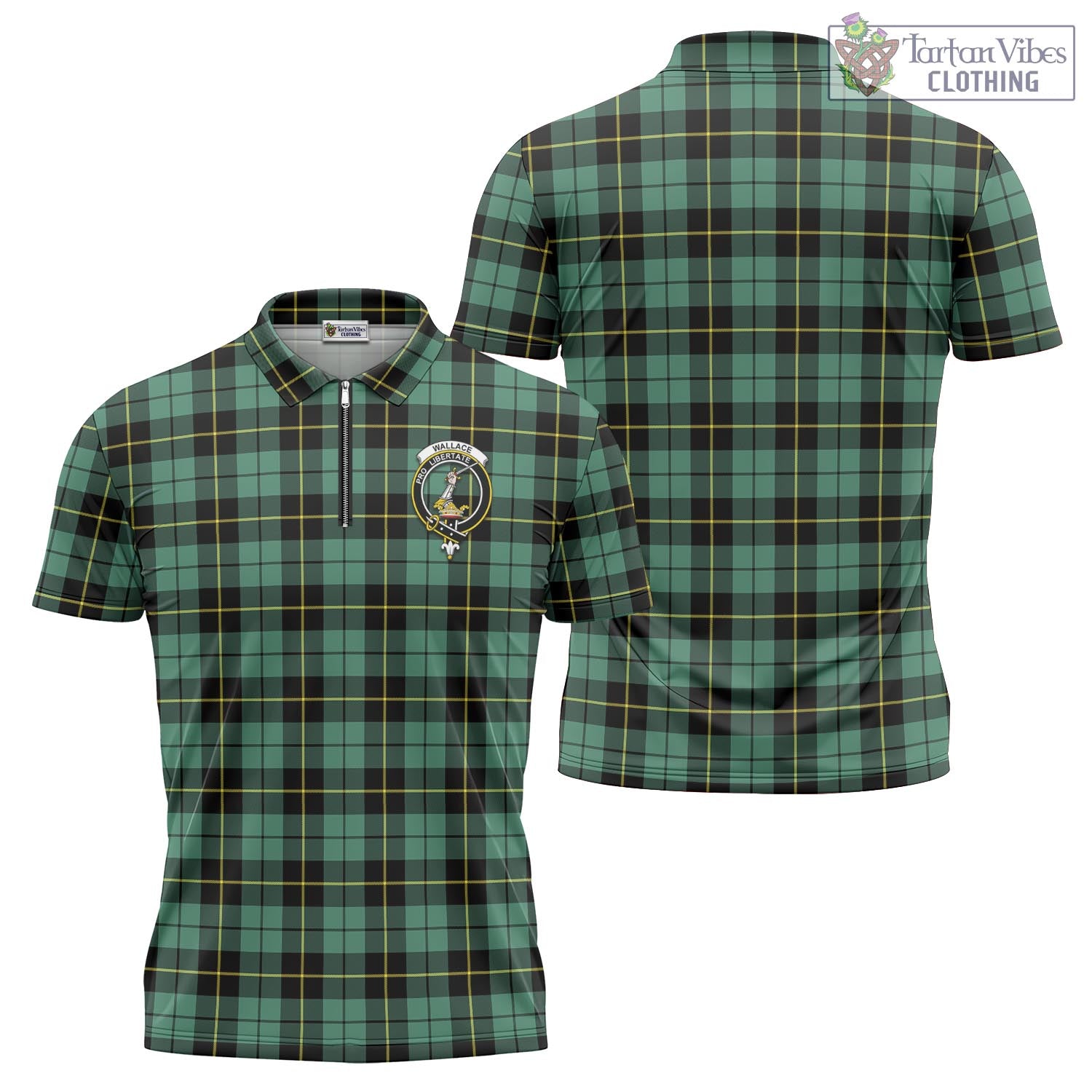 Tartan Vibes Clothing Wallace Hunting Ancient Tartan Zipper Polo Shirt with Family Crest