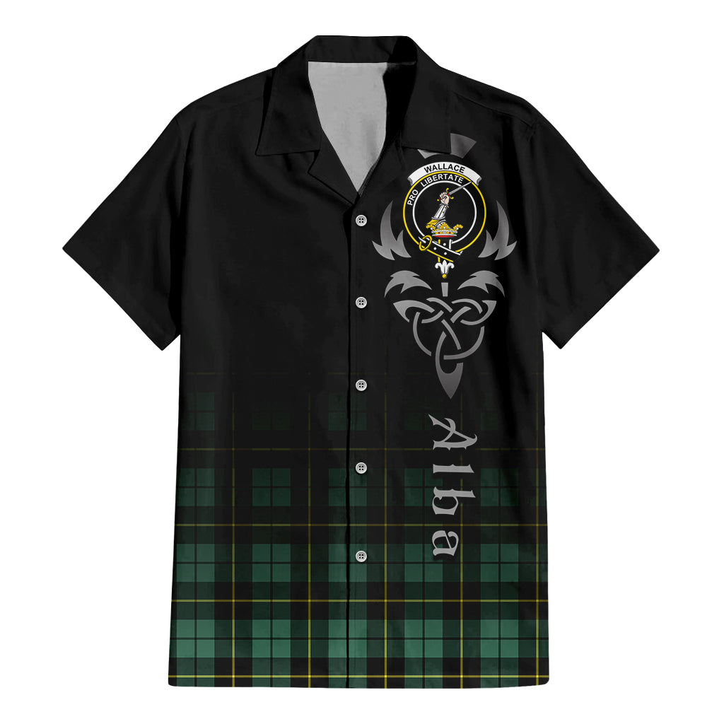 Tartan Vibes Clothing Wallace Hunting Ancient Tartan Short Sleeve Button Up Featuring Alba Gu Brath Family Crest Celtic Inspired