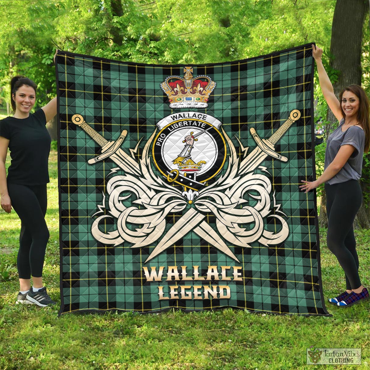 Tartan Vibes Clothing Wallace Hunting Ancient Tartan Quilt with Clan Crest and the Golden Sword of Courageous Legacy