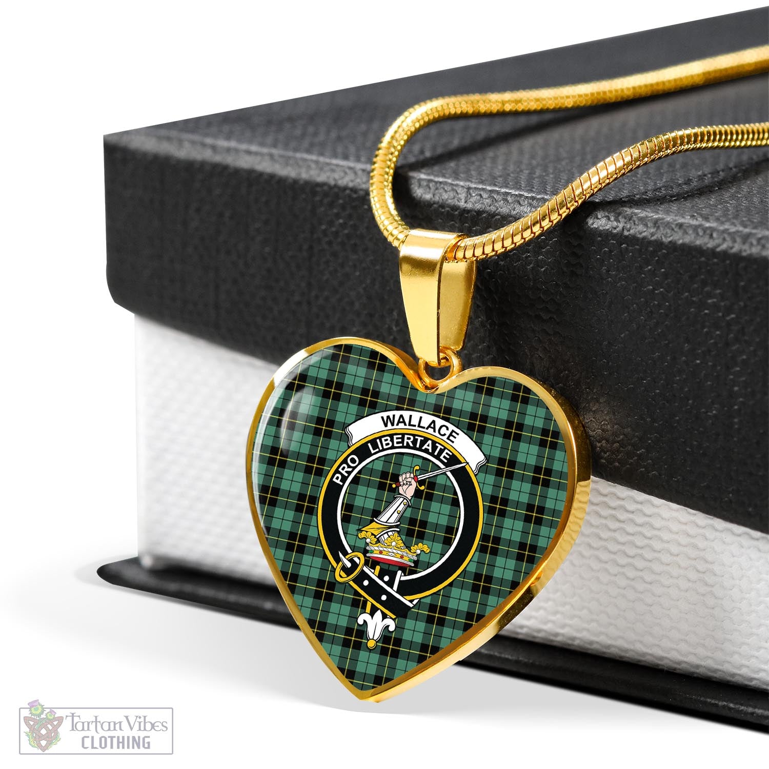 Tartan Vibes Clothing Wallace Hunting Ancient Tartan Heart Necklace with Family Crest