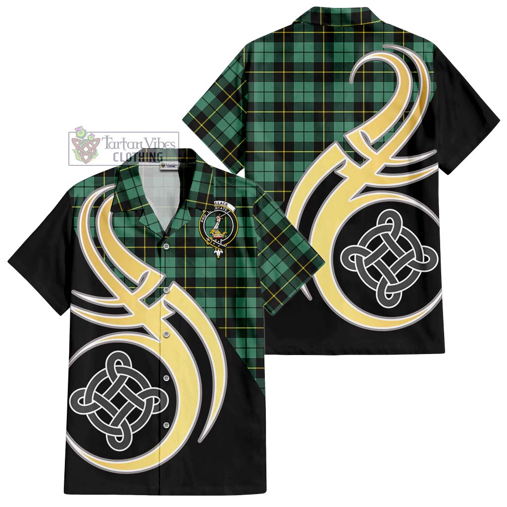 Wallace Hunting Ancient Tartan Short Sleeve Button Shirt with Family Crest and Celtic Symbol Style - Tartan Vibes Clothing