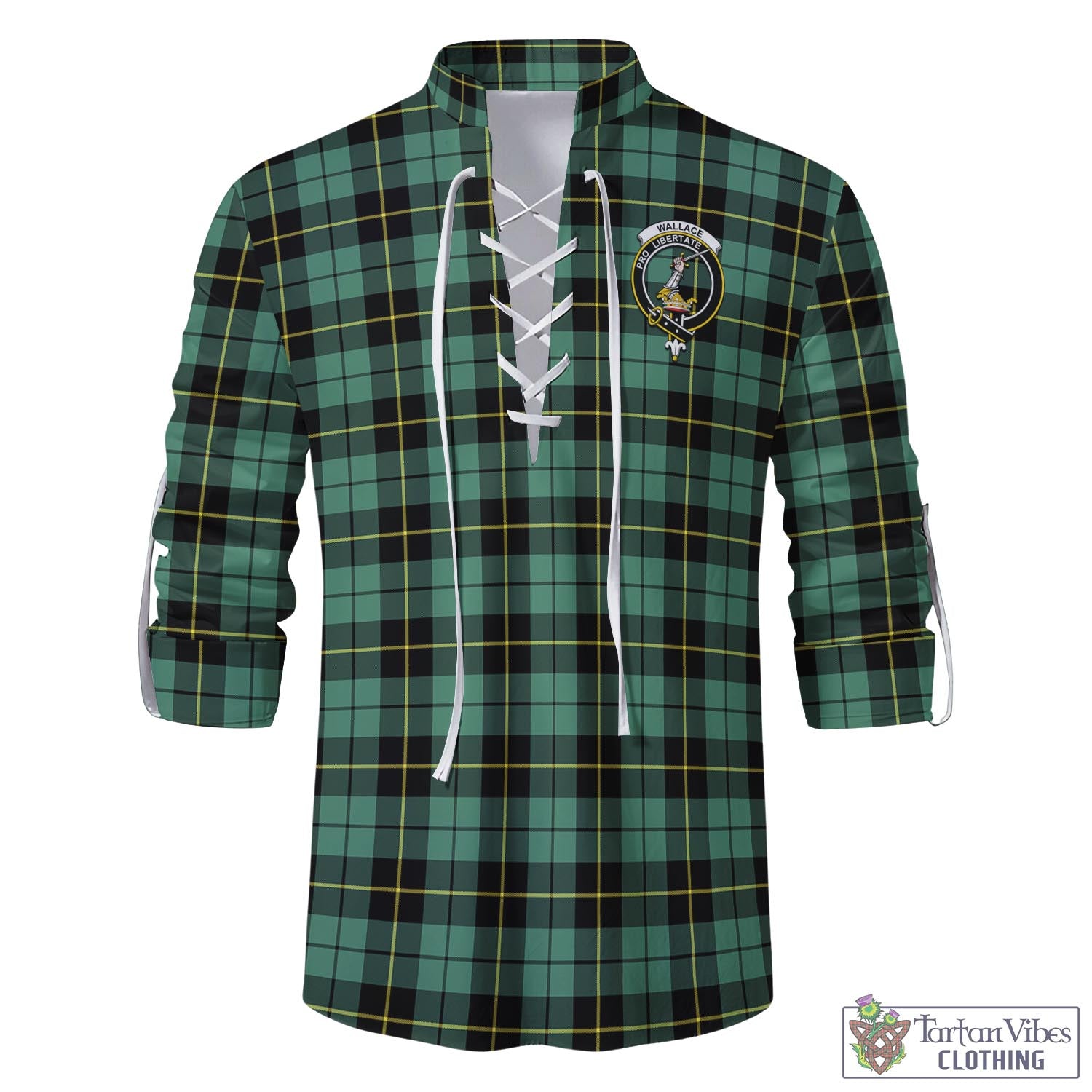 Tartan Vibes Clothing Wallace Hunting Ancient Tartan Men's Scottish Traditional Jacobite Ghillie Kilt Shirt with Family Crest