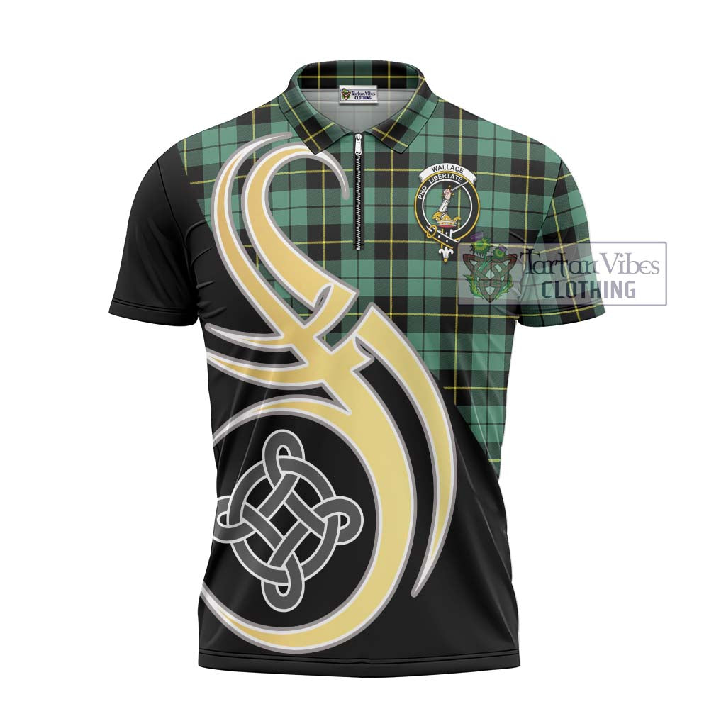 Tartan Vibes Clothing Wallace Hunting Ancient Tartan Zipper Polo Shirt with Family Crest and Celtic Symbol Style