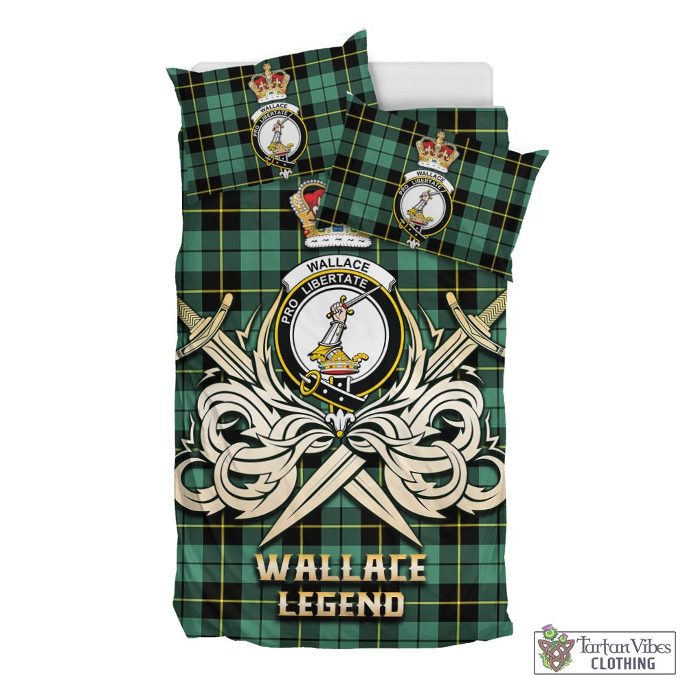 Tartan Vibes Clothing Wallace Hunting Ancient Tartan Bedding Set with Clan Crest and the Golden Sword of Courageous Legacy