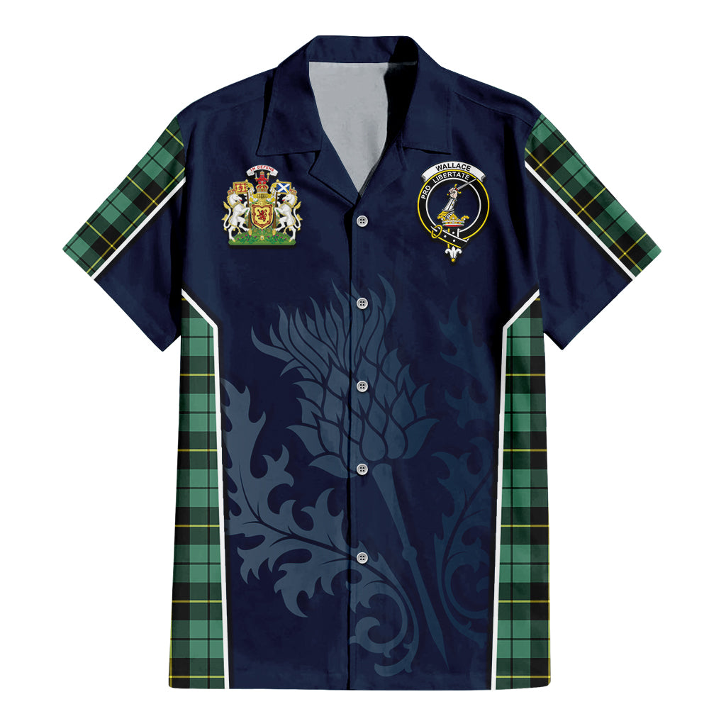 Tartan Vibes Clothing Wallace Hunting Ancient Tartan Short Sleeve Button Up Shirt with Family Crest and Scottish Thistle Vibes Sport Style