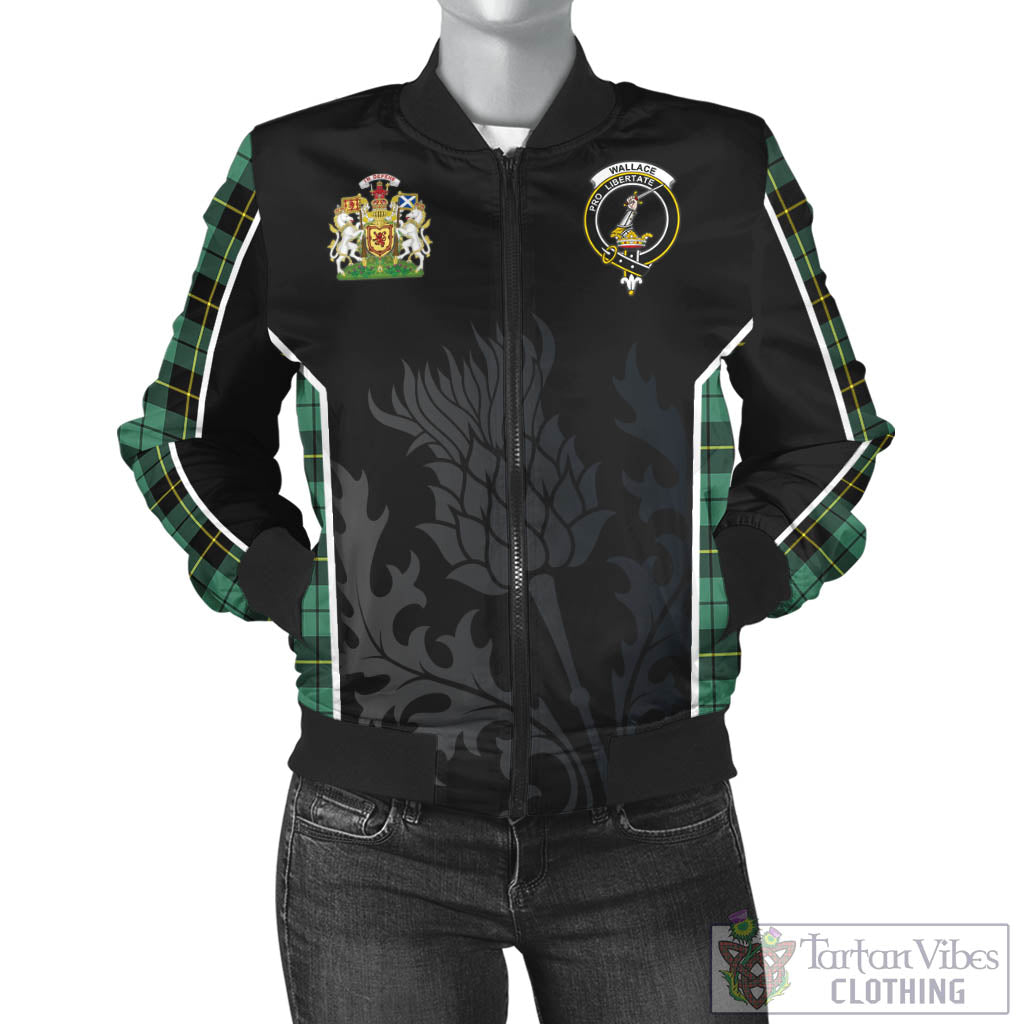 Tartan Vibes Clothing Wallace Hunting Ancient Tartan Bomber Jacket with Family Crest and Scottish Thistle Vibes Sport Style