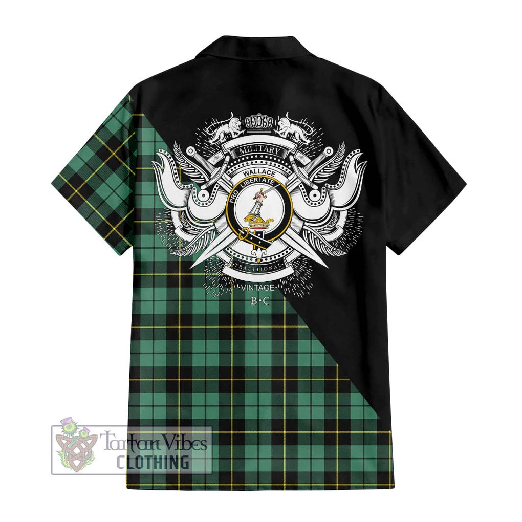 Wallace Hunting Ancient Tartan Short Sleeve Button Shirt with Family Crest and Military Logo Style - Tartanvibesclothing Shop