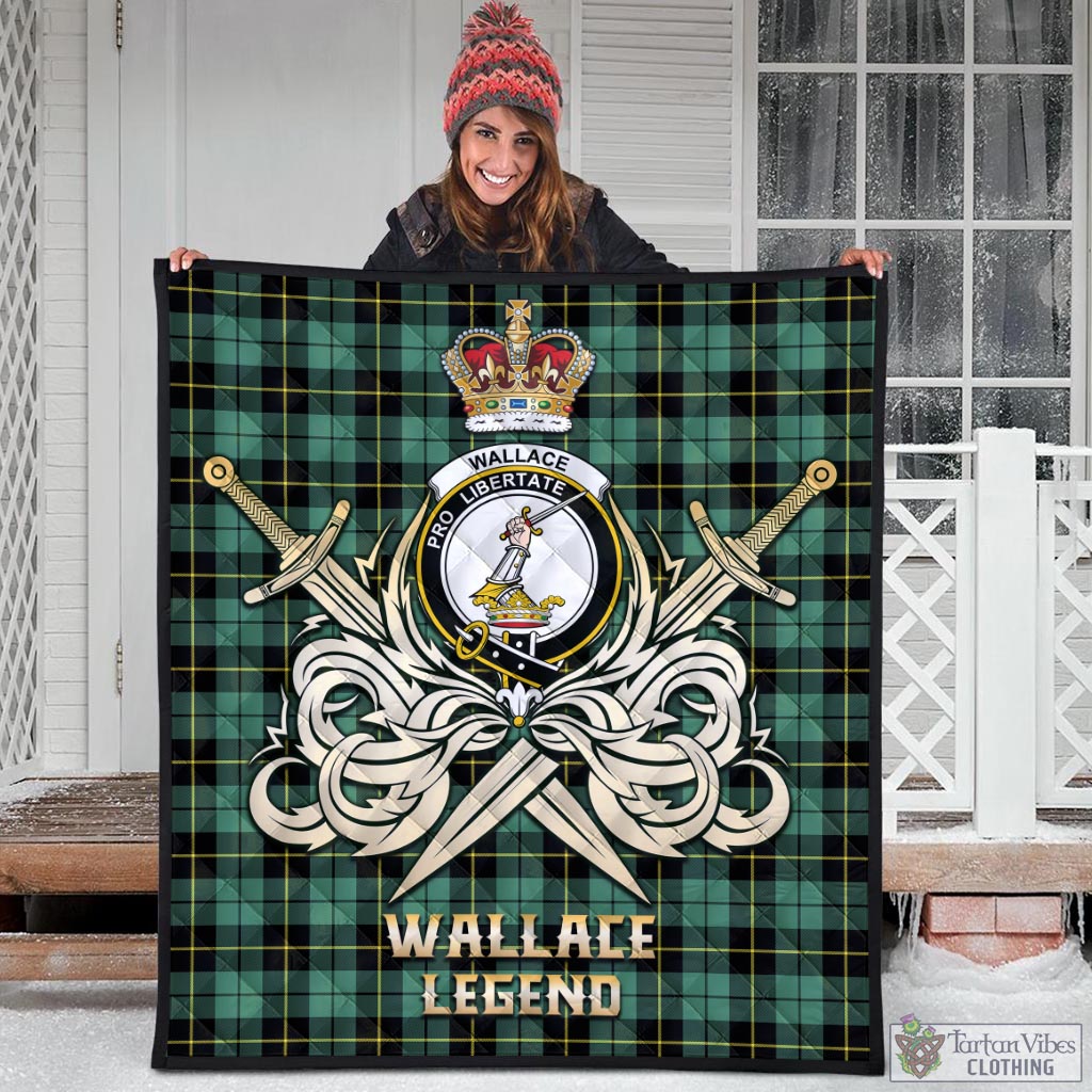 Tartan Vibes Clothing Wallace Hunting Ancient Tartan Quilt with Clan Crest and the Golden Sword of Courageous Legacy