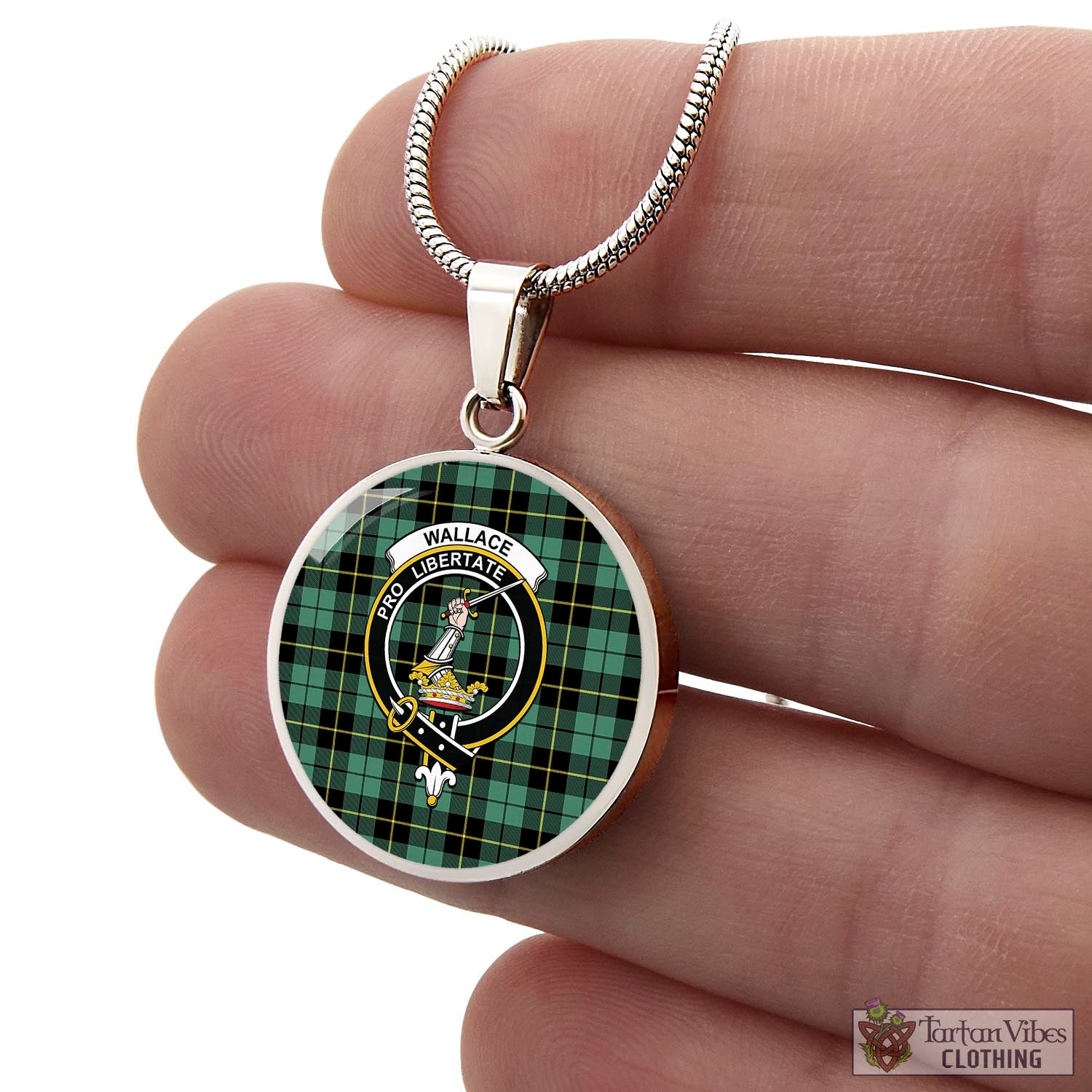 Tartan Vibes Clothing Wallace Hunting Ancient Tartan Circle Necklace with Family Crest