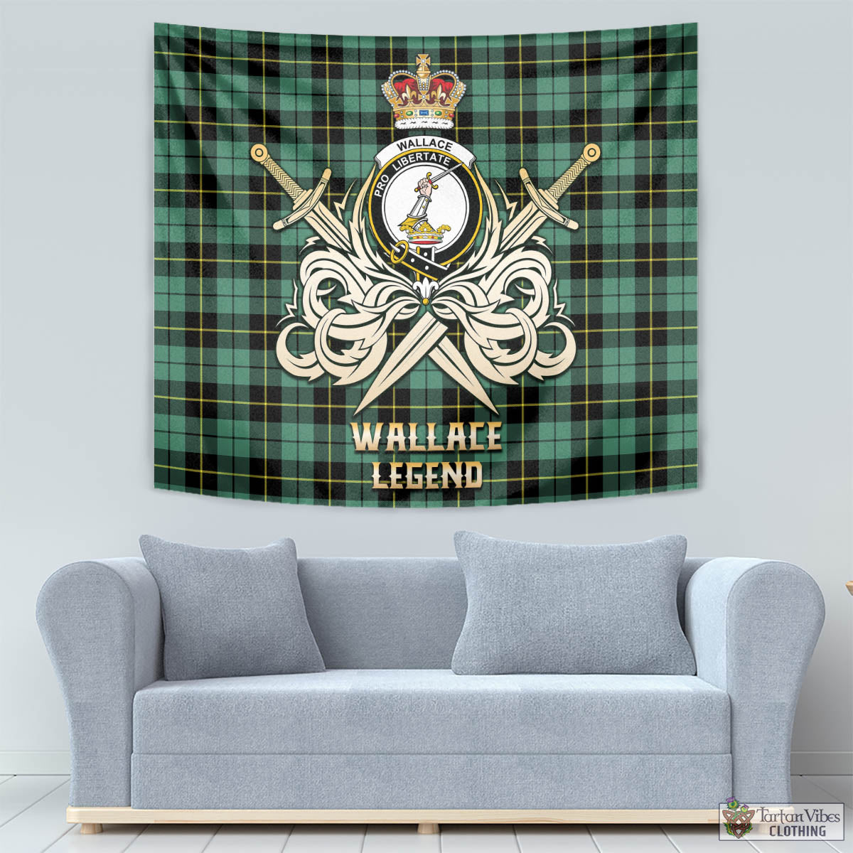 Tartan Vibes Clothing Wallace Hunting Ancient Tartan Tapestry with Clan Crest and the Golden Sword of Courageous Legacy