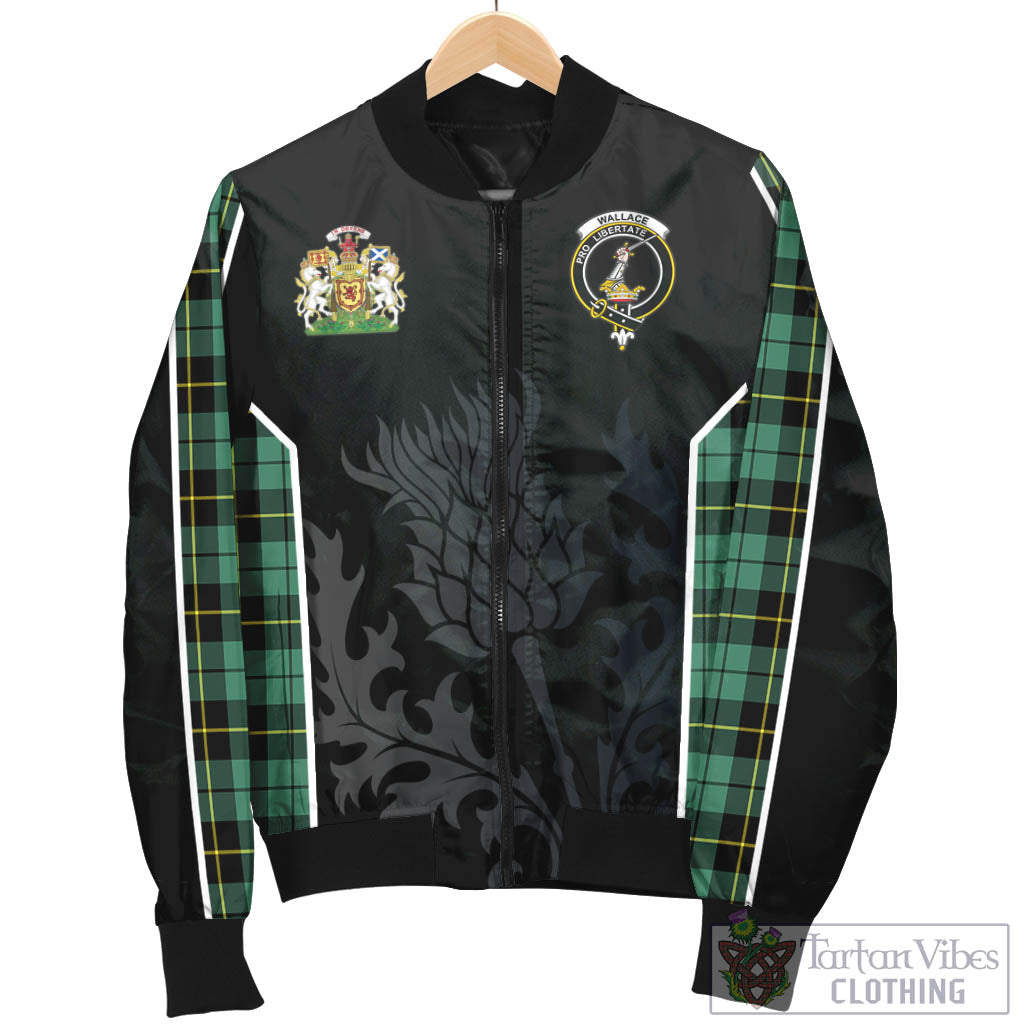 Tartan Vibes Clothing Wallace Hunting Ancient Tartan Bomber Jacket with Family Crest and Scottish Thistle Vibes Sport Style