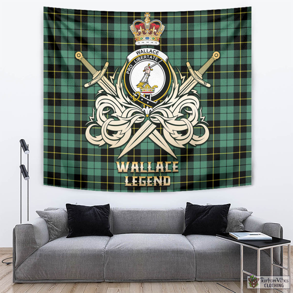 Tartan Vibes Clothing Wallace Hunting Ancient Tartan Tapestry with Clan Crest and the Golden Sword of Courageous Legacy