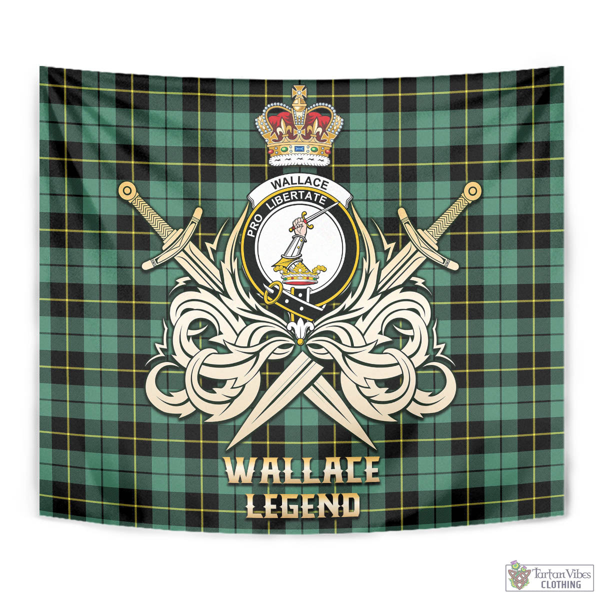 Tartan Vibes Clothing Wallace Hunting Ancient Tartan Tapestry with Clan Crest and the Golden Sword of Courageous Legacy