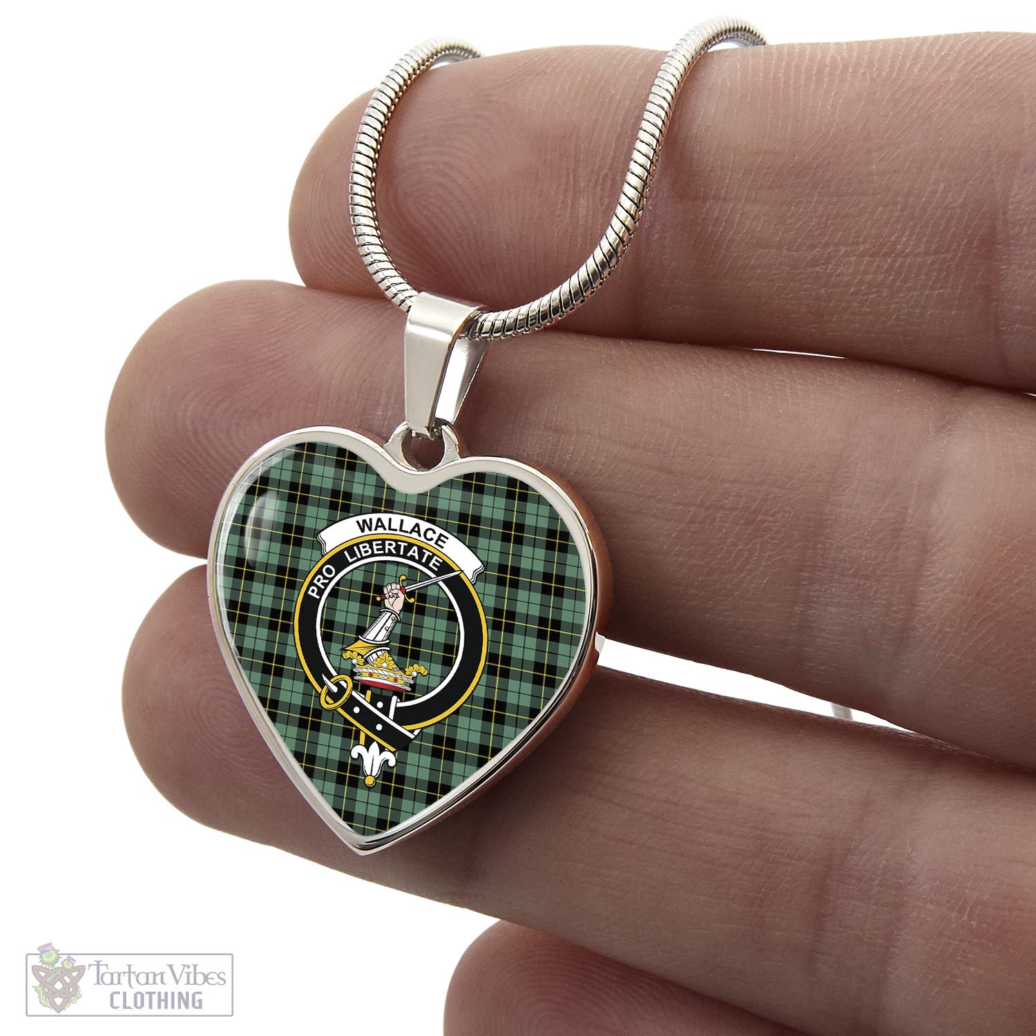 Tartan Vibes Clothing Wallace Hunting Ancient Tartan Heart Necklace with Family Crest