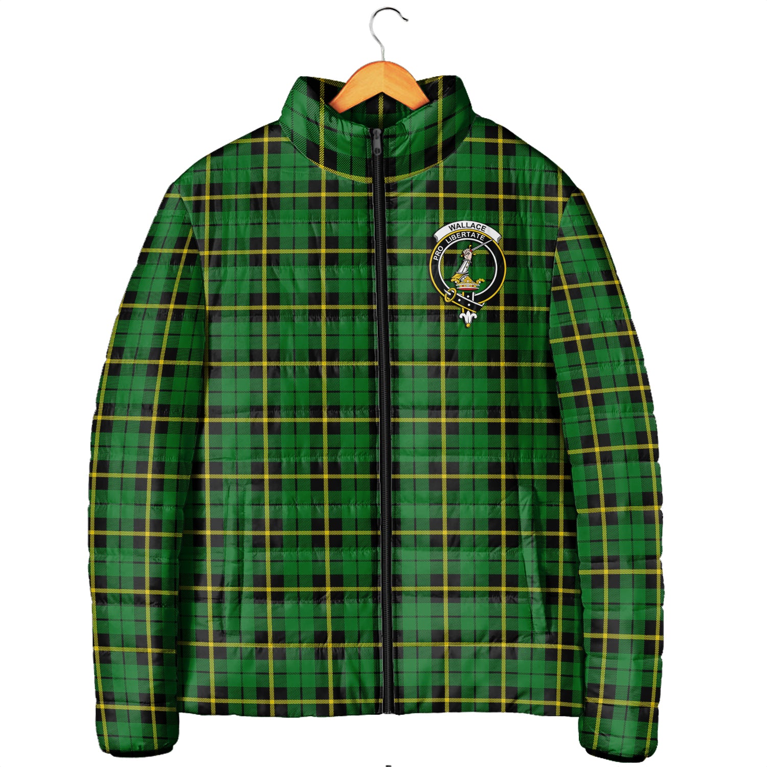 Wallace Hunting Green Tartan Padded Jacket with Family Crest Men's Padded Jacket - Tartan Vibes Clothing