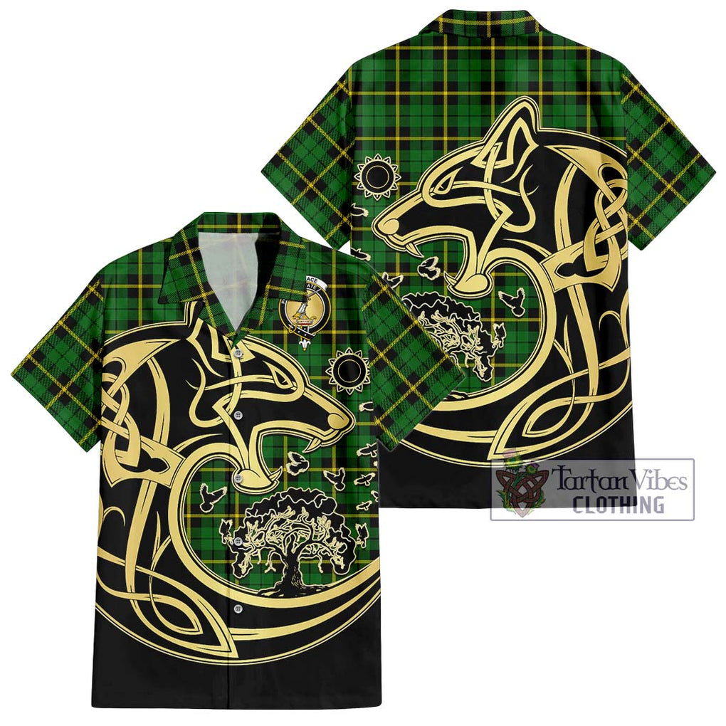 Wallace Hunting Green Tartan Short Sleeve Button Shirt with Family Crest Celtic Wolf Style Kid - Tartan Vibes Clothing