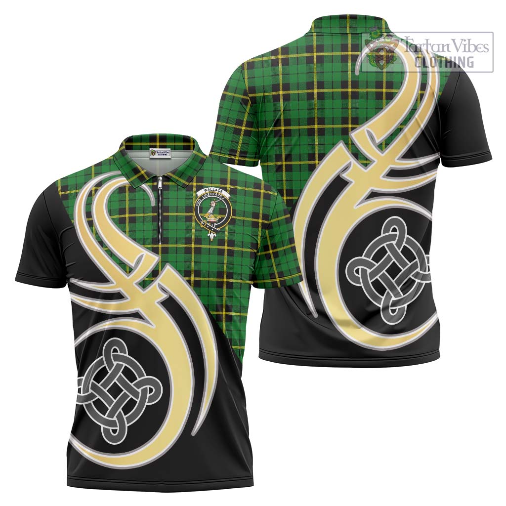 Tartan Vibes Clothing Wallace Hunting Green Tartan Zipper Polo Shirt with Family Crest and Celtic Symbol Style