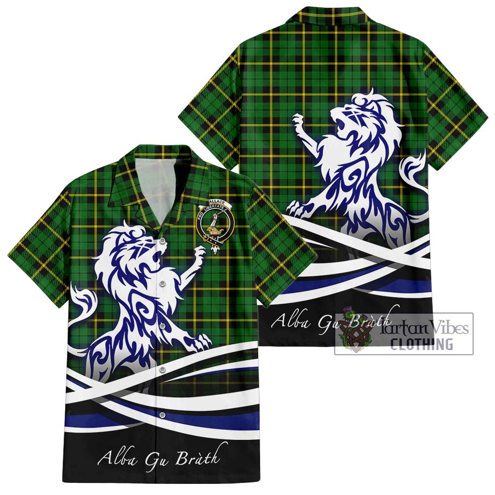 Wallace Hunting Green Tartan Short Sleeve Button Shirt with Alba Gu Brath Regal Lion Emblem Kid - Tartanvibesclothing Shop