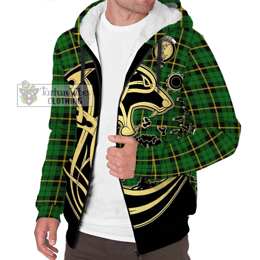 Wallace Hunting Green Tartan Sherpa Hoodie with Family Crest Celtic Wolf Style Unisex S - Tartan Vibes Clothing