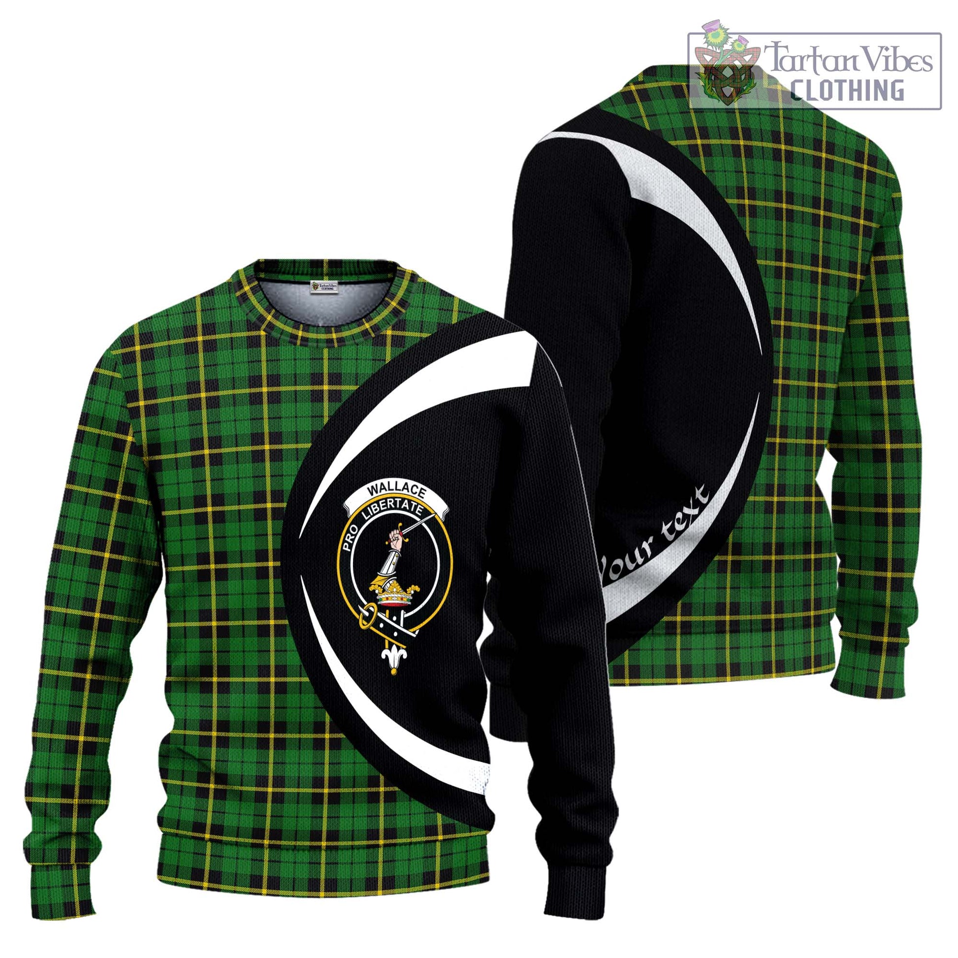 Wallace Hunting Green Tartan Knitted Sweater with Family Crest Circle Style Unisex - Tartan Vibes Clothing