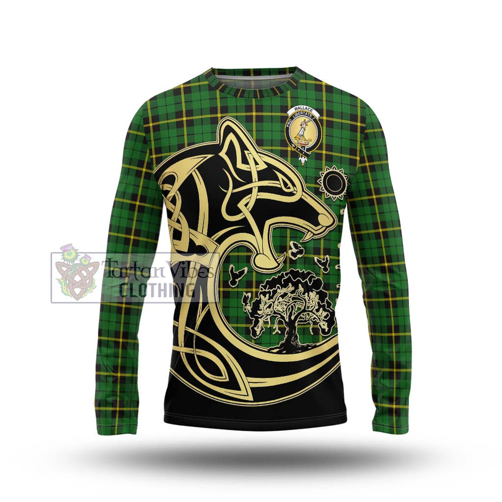 Wallace Hunting Green Tartan Long Sleeve T-Shirt with Family Crest Celtic Wolf Style Unisex - Tartan Vibes Clothing