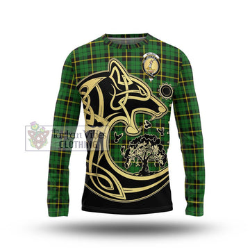 Wallace Hunting Green Tartan Long Sleeve T-Shirt with Family Crest Celtic Wolf Style