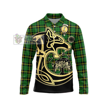 Wallace Hunting Green Tartan Long Sleeve Polo Shirt with Family Crest Celtic Wolf Style