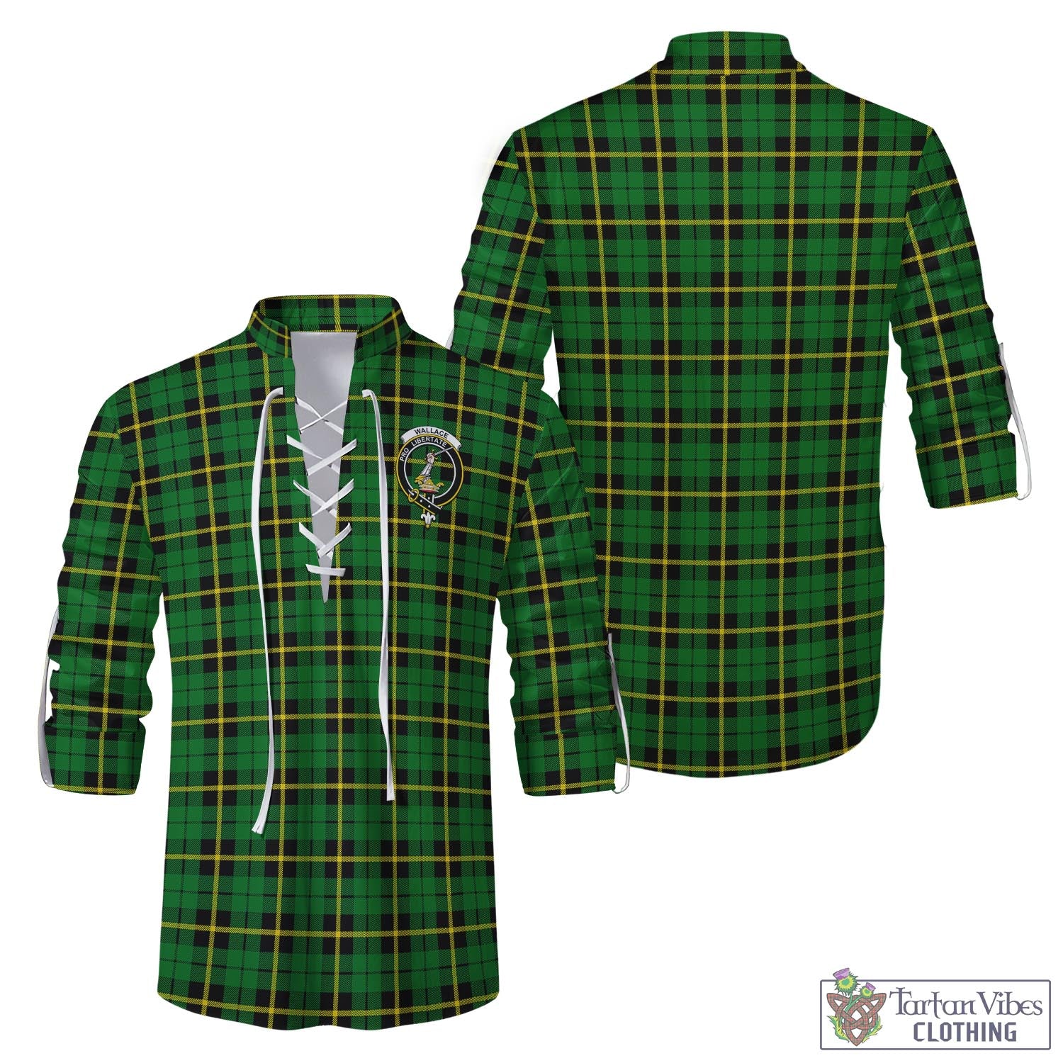 Tartan Vibes Clothing Wallace Hunting Green Tartan Men's Scottish Traditional Jacobite Ghillie Kilt Shirt with Family Crest