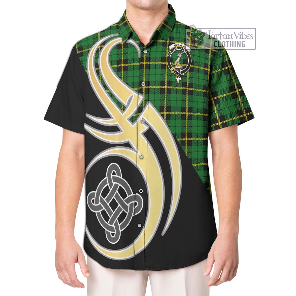 Wallace Hunting Green Tartan Short Sleeve Button Shirt with Family Crest and Celtic Symbol Style Kid - Tartan Vibes Clothing