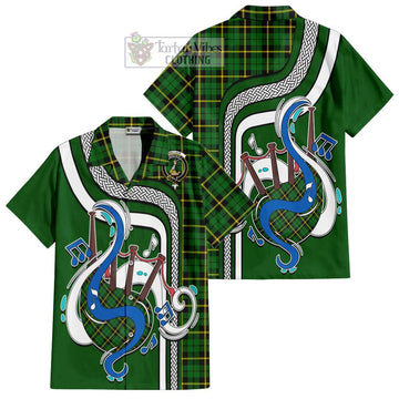 Wallace Hunting Green Tartan Short Sleeve Button Shirt with Epic Bagpipe Style