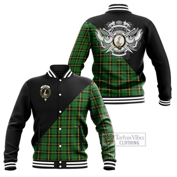 Wallace Hunting Green Tartan Baseball Jacket with Family Crest and Military Logo Style