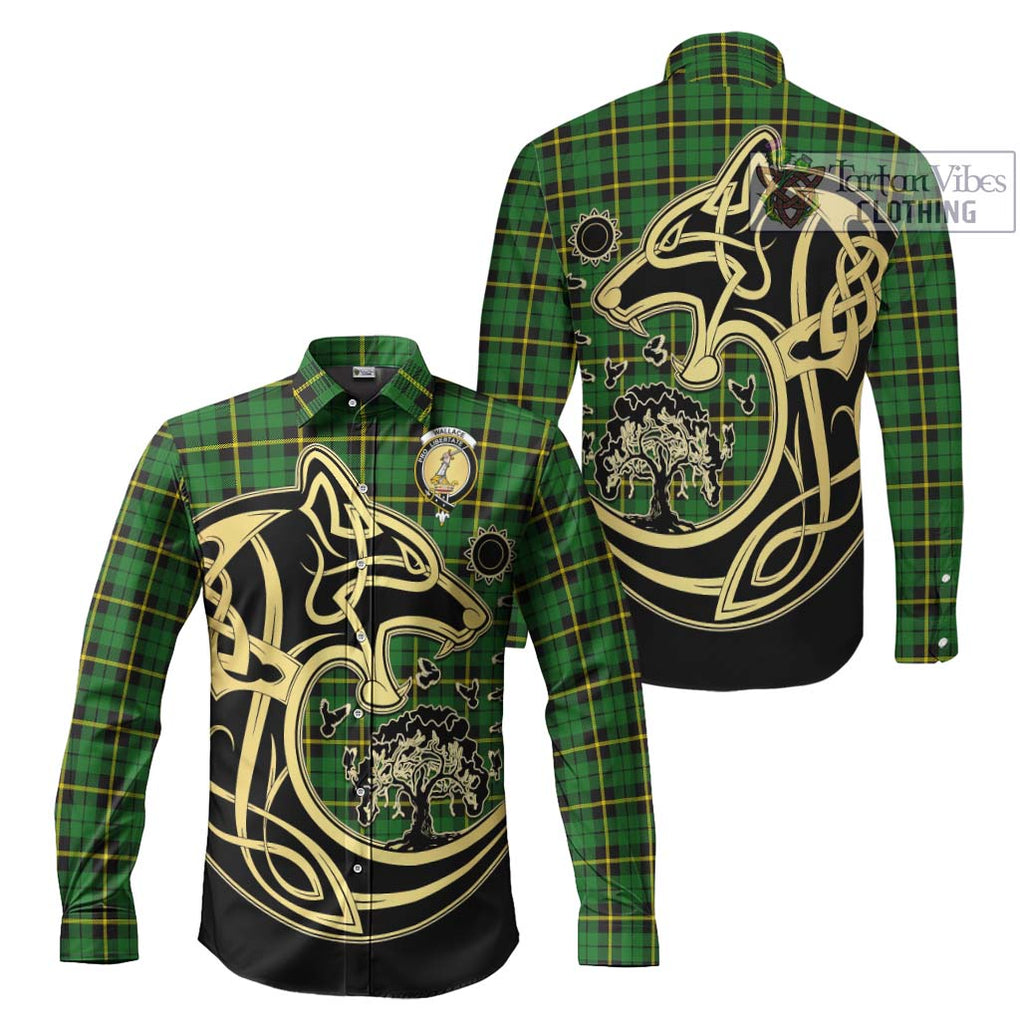 Wallace Hunting Green Tartan Long Sleeve Button Shirt with Family Crest Celtic Wolf Style Men's Shirt S - Tartan Vibes Clothing