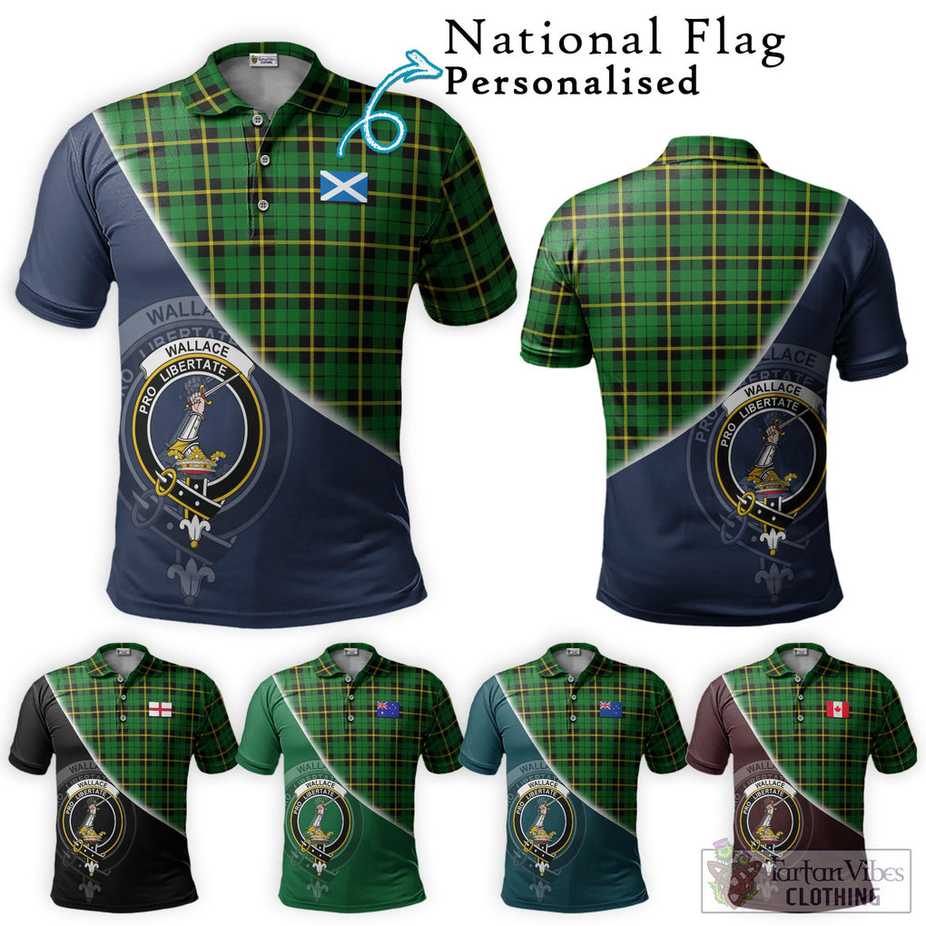 Wallace Hunting Green Tartan Polo Shirt with Personalised National Flag and Family Crest Half Style Maroon - Tartanvibesclothing Shop