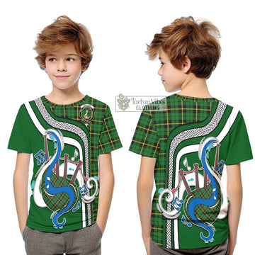 Wallace Hunting Green Tartan Kid T-Shirt with Epic Bagpipe Style