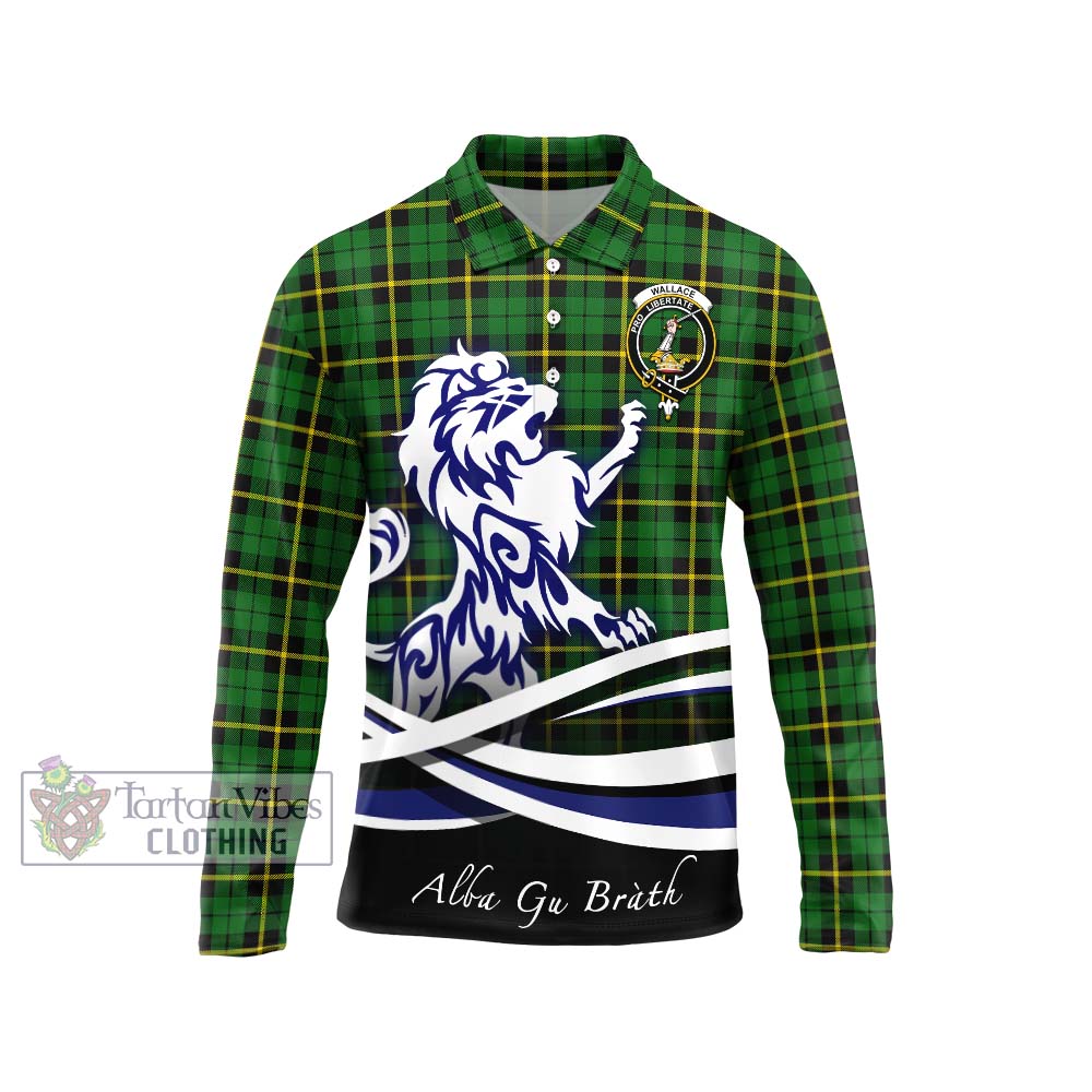 Wallace Hunting Green Tartan Long Sleeve Polo Shirt with Alba Gu Brath Regal Lion Emblem Unisex - Tartanvibesclothing Shop