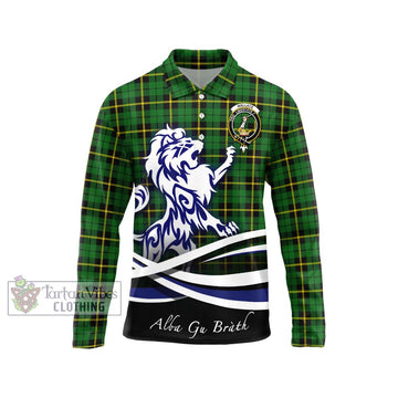 Wallace Hunting Green Tartan Long Sleeve Polo Shirt with Alba Gu Brath Regal Lion Emblem