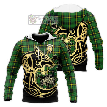 Wallace Hunting Green Tartan Knitted Hoodie with Family Crest Celtic Wolf Style