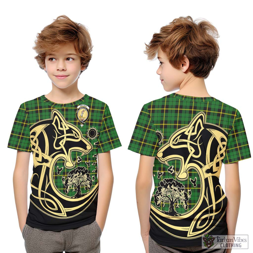 Wallace Hunting Green Tartan Kid T-Shirt with Family Crest Celtic Wolf Style Youth XL Size14 - Tartan Vibes Clothing