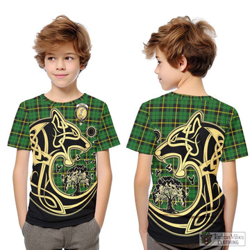 Wallace Hunting Green Tartan Kid T-Shirt with Family Crest Celtic Wolf Style