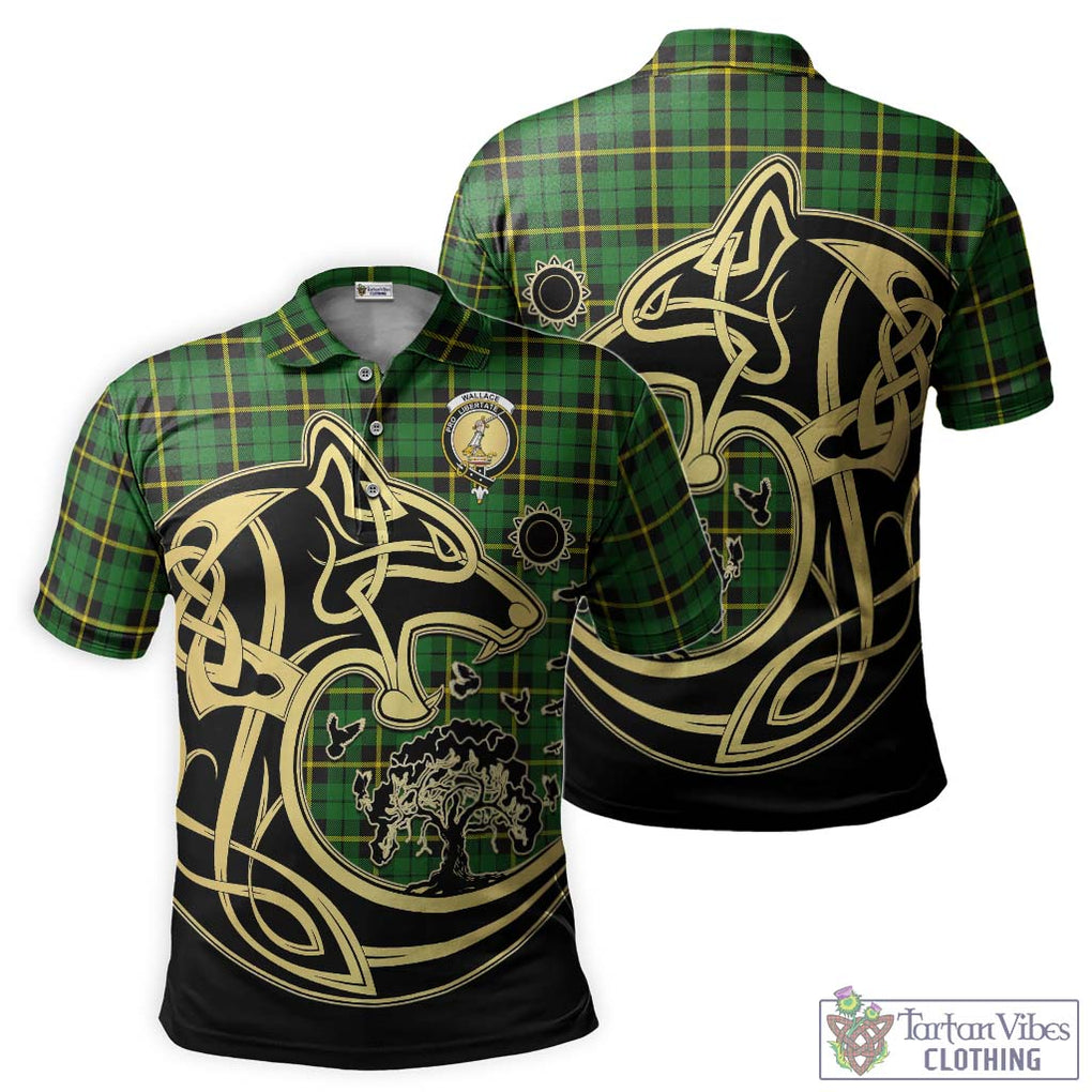 Wallace Hunting Green Tartan Polo Shirt with Family Crest Celtic Wolf Style Kid - Tartanvibesclothing Shop