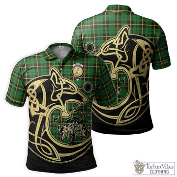 Wallace Hunting Green Tartan Polo Shirt with Family Crest Celtic Wolf Style