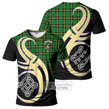 Wallace Hunting Green Tartan T-Shirt with Family Crest and Celtic Symbol Style