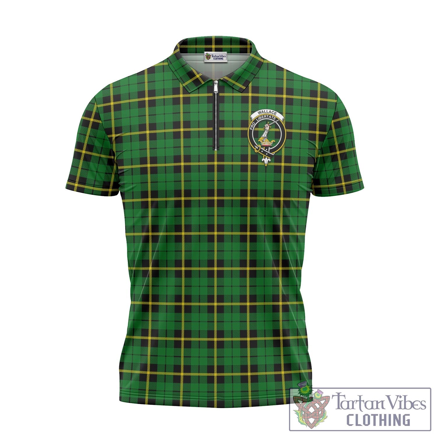 Tartan Vibes Clothing Wallace Hunting Green Tartan Zipper Polo Shirt with Family Crest